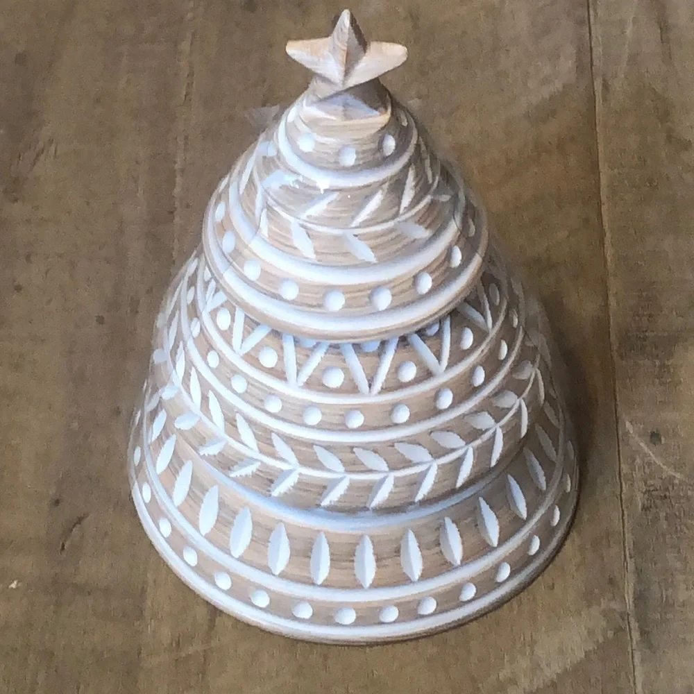 🤎🤍🤎 Bathroom Q-Tip Holder Christmas Tree Wooden White & Gold Wash 🤎🤍🤎 NWT